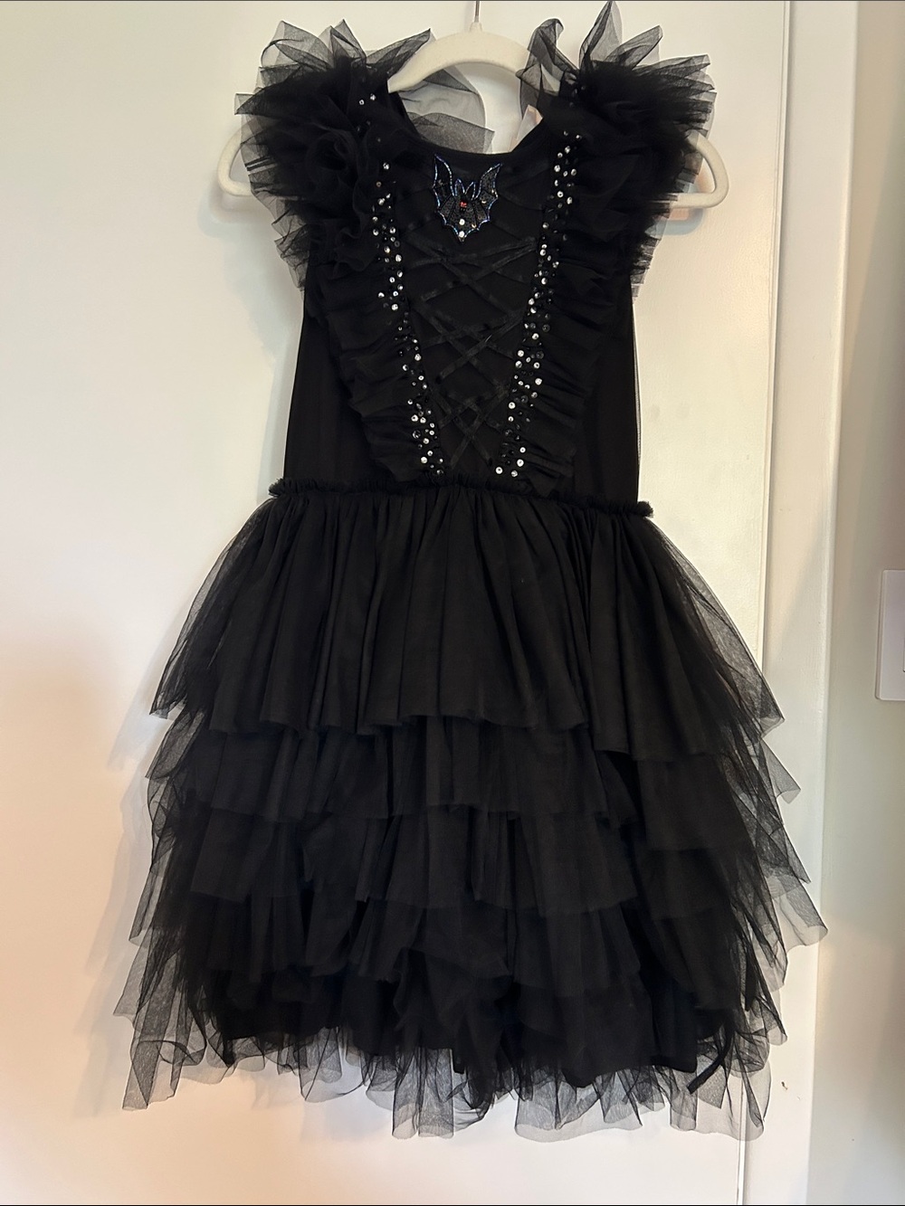 Black Tulle Ruffled Dress with Embellished Bodice